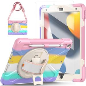 TSQQST iPad 9th 8th 7th Generation Case for Kids Girls 2021 2020 2019 | iPad Case 10.2 Inch Pink Colorful Cute w/Pencil Holder Screen Protector Stand Hand Shoulder Strap for iPad 9th/8th/7th Gen