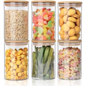 YUNCANG Glass Food Storage Jars 37oz [Set of 6],Clear Glass Food Storage Containers with Airtight Bamboo Lid Stackable Kitchen Canisters for Candy, Cookie, Rice, Sugar, Flour, Pasta