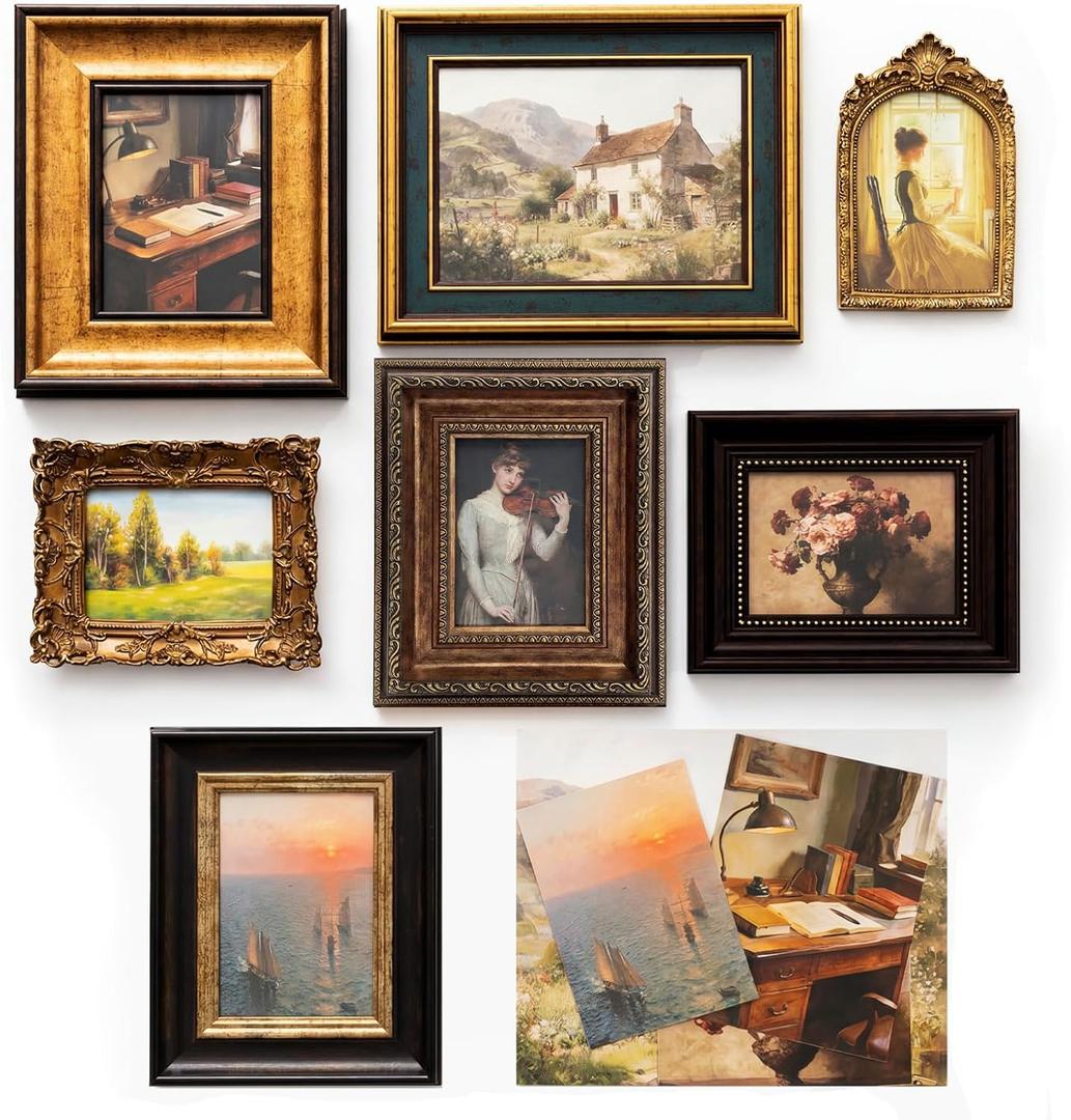 Vintage Picture Frames for Gallery Wall Frame Set, 7 Pcs Assorted Ornate Antique Photo Frames with High Definition Glass or acrylic, Resin Baroque Decor for Tabletop & Wall Display (Included Art Prints), 15.8 x 11.8 inches