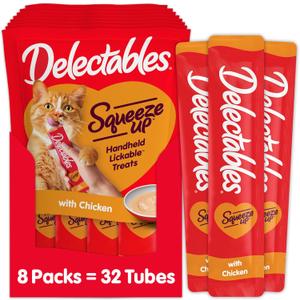 Delectables Squeeze Up Creamy Squeezable Puree, Lickable Wet Cat Treats, Grain Free, No Added Fillers, No By-Products, No Added Preservatives, 0.5 Ounces Tube Chicken Flavor, 32 Tubes Total (4 Count, Pack of 8) BB Date Oct 21 2027