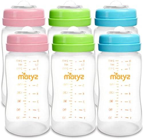 Matyz 6-Pack Breast Milk Storage Bottles (6 Ounce, 3 Colors) - Wide Neck Breastmilk Collection and Storage Bottle - Formula Storage Bottles Compatible with Medela Avent Spectra Pumps