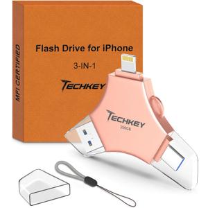 USB 3.0 Flash Drive for iPhone 256GB: MFi Certified 3in1 External Memory Photo Keeper Storage Stick for Picture/Video/Data Saver/Backup High Speed Thumb/Jump/Hard Drive for iPad/Android/PC -Rose Gold
