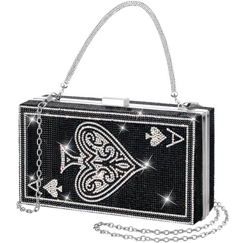 Trnayi Women Poker Card Evening Clutch Rhinestone Purse Casino Vegas Novelty Purse Queen Hearts Bags Playing Cards Gift(Black,Ace of Hearts)