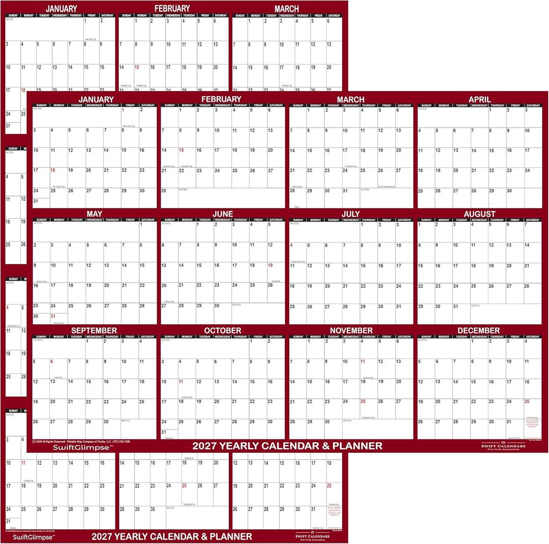 24" x 36" SwiftGlimpse 2027 Wall Calendar Erasable Large Wet & Dry Erase Laminated 12 Month Annual Yearly Wall Planner, Reversible, Horizontal/Vertical, Burgundy