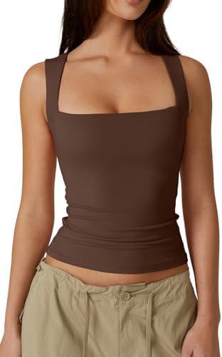 QINSEN Women's Square Neck Sleeveless Double-Layer Tank Tops Basic Tight T Shirts M QINSEN Women's Square Neck Sleeveless Double-Layer Tank Tops Basic Tight T Shirts M