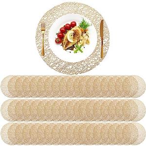 Sieral 60 Packs Gold Round Placemats 15 Inch Hollow Out Pressed Vinyl Place Mats Heat Resistant Woven Gold Placemats for Christmas Dinner Table Winter Holiday Party Wedding Centerpiece Decoration
