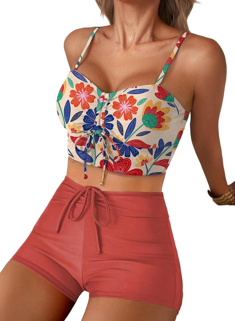 Herseas High Waisted Bikini Sets for Women Floral Print Two Piece Tummy Control Swimsuits Drawstring Short Bathing Suit (Gold, M)