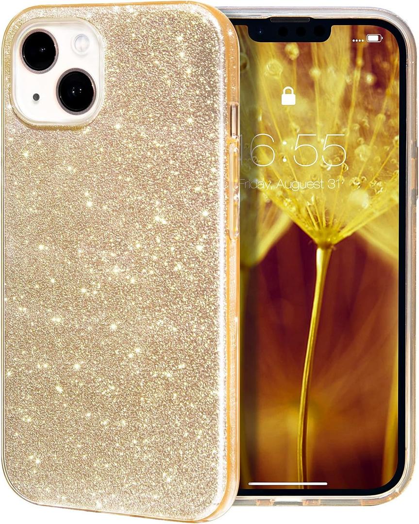 MILPROX Compatible with iPhone 14 Case (2022), Glitter Sparkly Shiny Bling Rubber Gel Shell Cases 3 Layers Shockproof Protective Bumper Cover for iPhone 14 /iPhone 13 - Gold