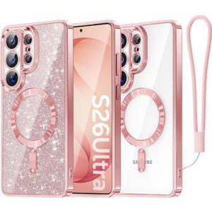 Meifigno Magnetic Case Designed for Samsung Galaxy S26 Ultra 6.9", [Compatible with MagSafe] [Removable Glitter Card & Wrist Strap], Surround Lens Protection Case for Galaxy S26 Ultra, Rose Gold