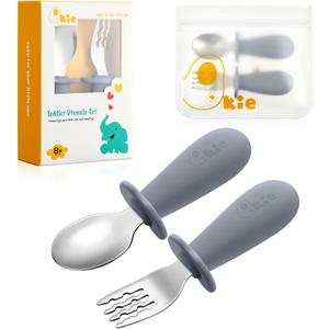 Toddler Utensils, Toddler Forks and Spoons, Baby Spoons Self Feeding, Stainless Steel Baby Silverware with BPA Free Silicone Easy Grip, 8 Months+
