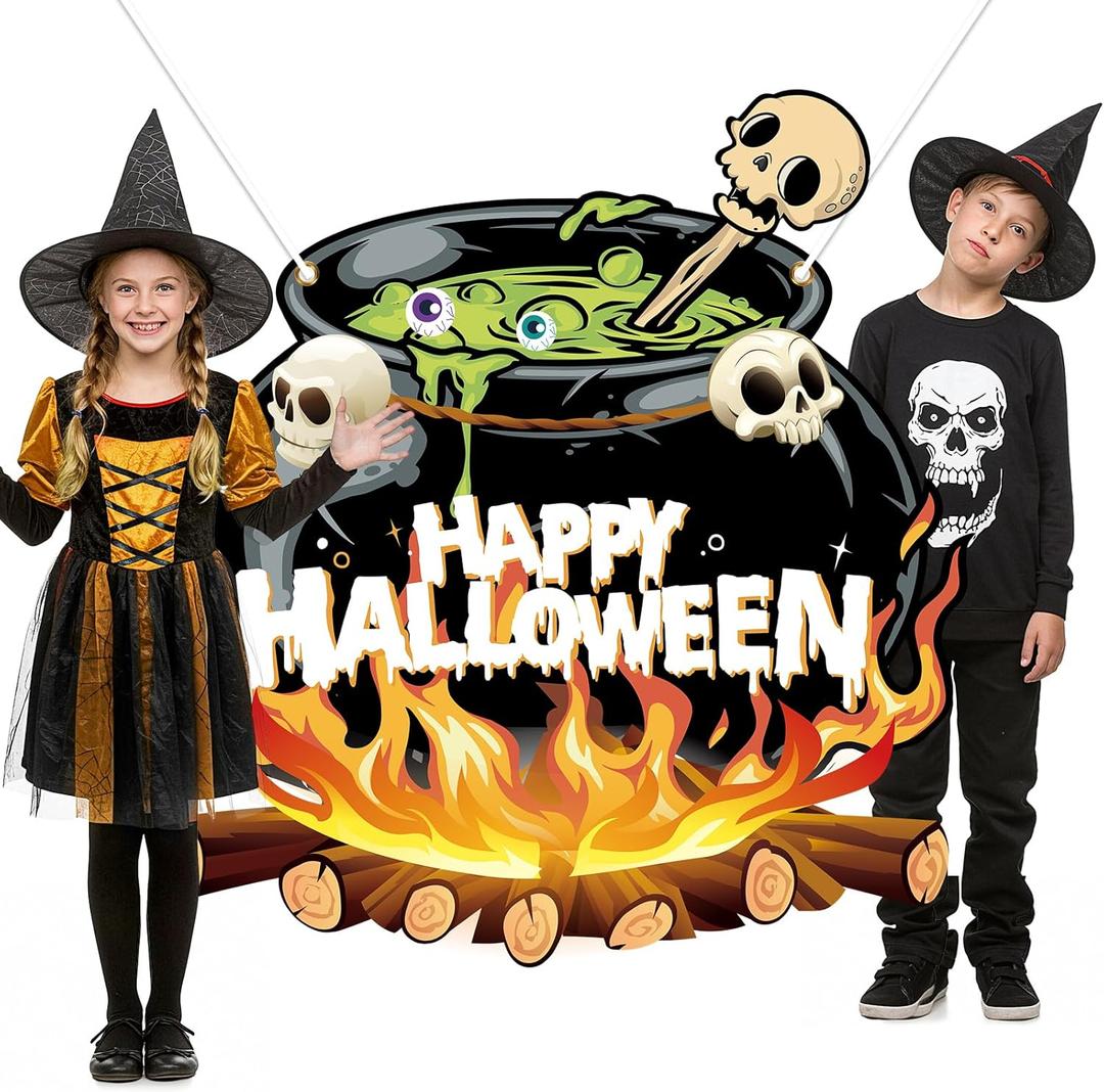 Halloween Witches Cauldron Party Decorations Happy Halloween Photo Booth Props Cauldron Skeleton Photo Banner Photography Background for Kids Adults Trick or Treat Haunted House Party