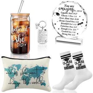 5 Pcs Graduation Gifts Set for Her Class of 2026 Congrats Grad Gift with Makeup Bag Sock Keychain Coffee Glass She Went to Change The World Positive for Senior High Friend Roomate Women Sister