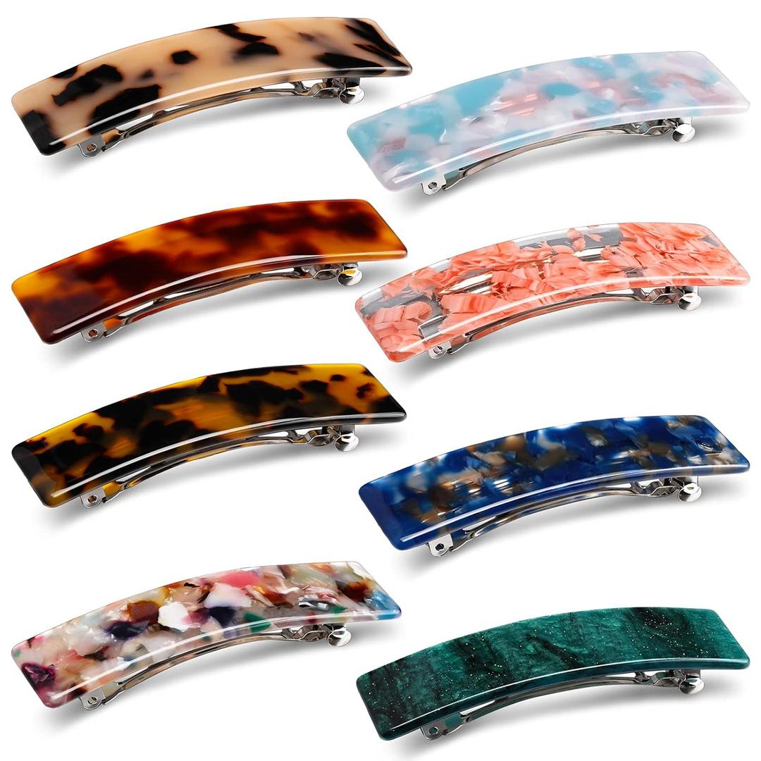 WILLBOND 8 Pieces Tortoise Shell Hair Barrettes Automatic Cellulose Acetate Hair Clip Medium French Design Rectangle Snap Clip for Ladies Daily Wear (Stylish Patterns)