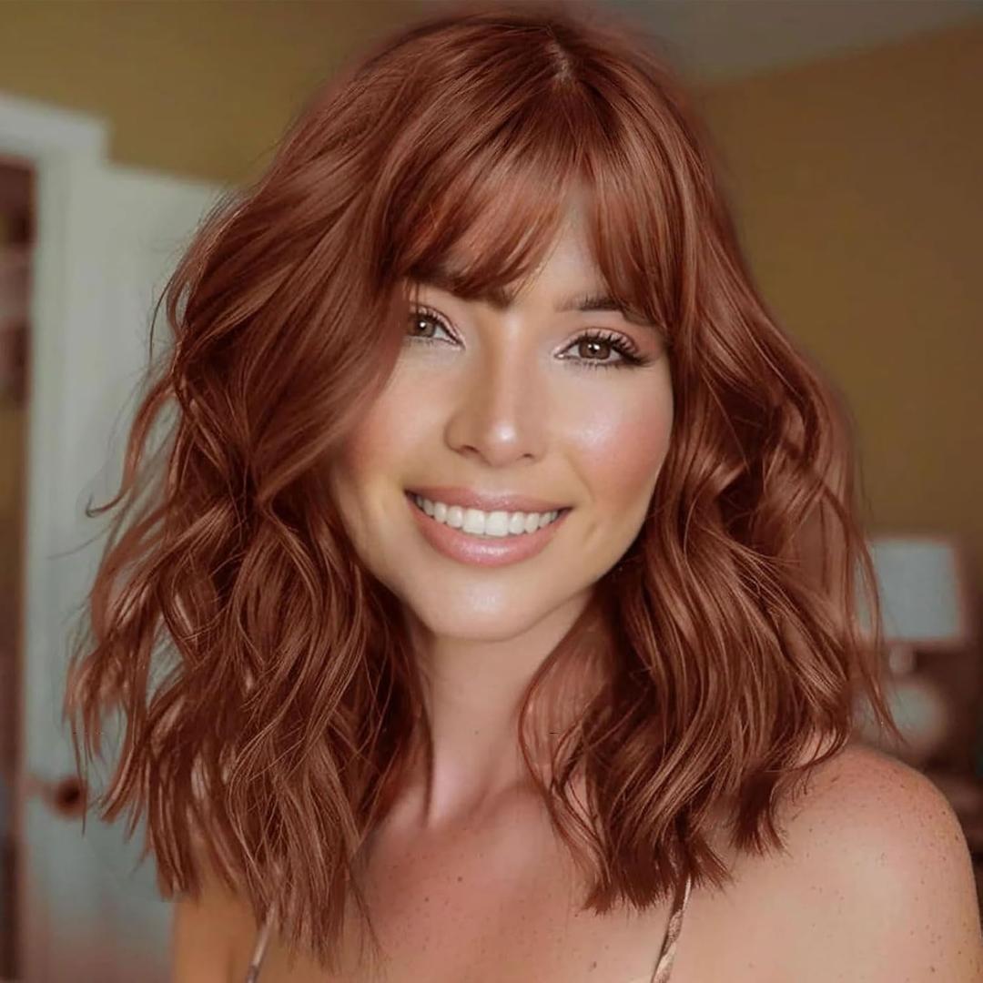 AISI HAIR Synthetic Wavy Curly Bob Wig with Bangs Burnt Orange Short Wigs for Women Synthetic Heat Resistant Bob Wigs