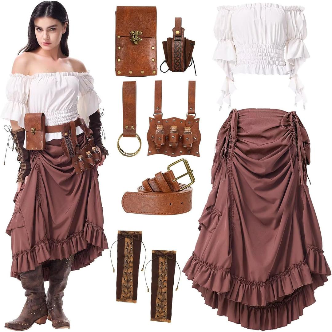 Renaissance Costume Women Medieval Pirate Dress Skirt Shirt Gloves Belt Victorian Ren Faire Outfit for Halloween (X-Large, Red)