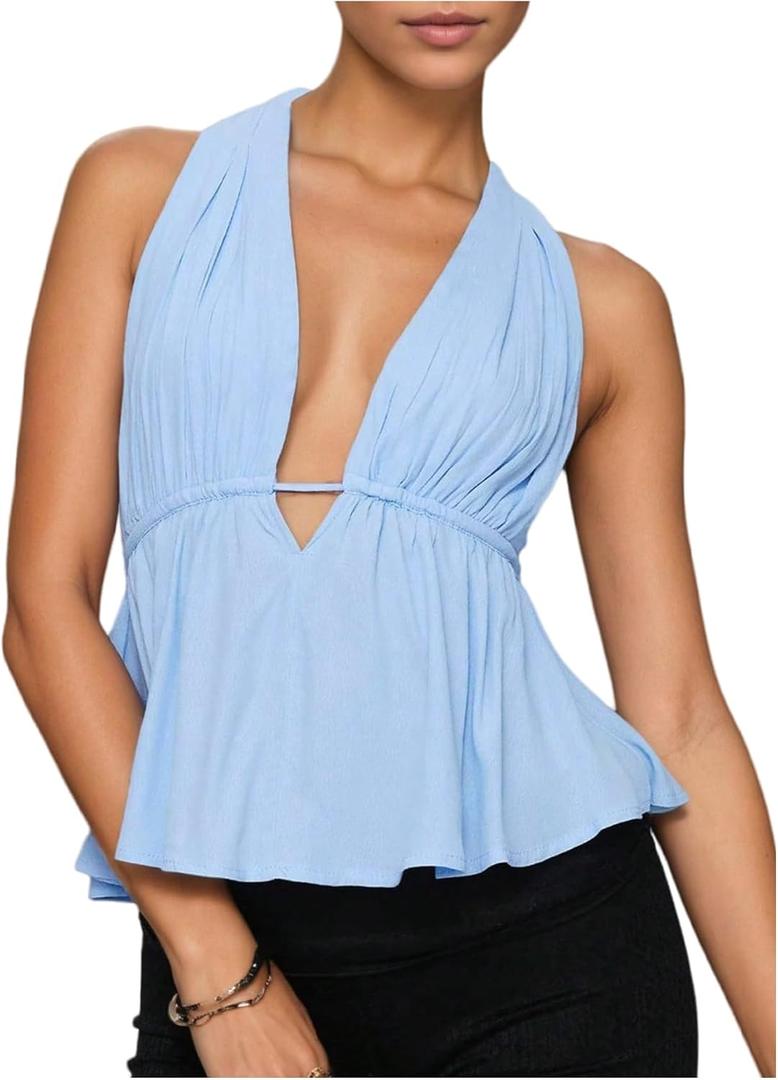GORGLITTER Women's Tie Backless Babydoll Halter Top Sleeveles sDeep V Neck Peplum Tops (Blue, XL)