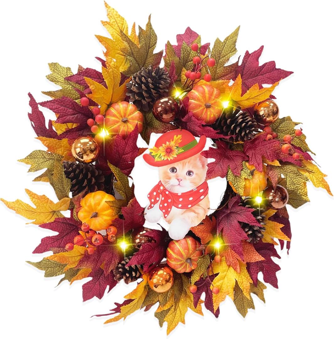 24" Fall Wreath with Pumpkins, Maple Leaves & Timer LED Lights  Autumn Front Door Wreath with Removable Cat Decor, Thanksgiving Harvest Decor for Indoor Outdoor