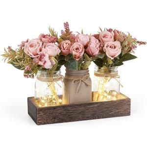 Mkono Mason Jar Lights Centerpiece Table Decorations For Dining Room Farmhouse Table Decor Tray With 3 Jars Flowers Arrangement Valentines Day Decor For Kitchen Living Room Wedding, Pink