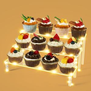 Cupcake Stand,3-Tier Clear Acrylic Display Risers with LED Light, Perfume Stand, Room Decor, Acrylic Shelves for Organize Decoration Jewelry, Makeup, Figure, Dessert (Gold Light)