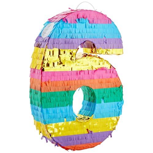 BLUE PANDA Rainbow Number 6 Pinata - Sturdy Corrugated Build & Easy Hang for Fiesta Party - Candy Filled 6th Birthday Party Surprise - Vibrant Tie-Dye Items for Kids - Small (16.5x11x3 In), Blue/White