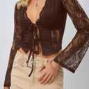 CSDAJIO Women's Sexy Lace Tie Open Front Sheer Mesh Long Sleeve Crop Top Going Out Shirt (Brown, XS)