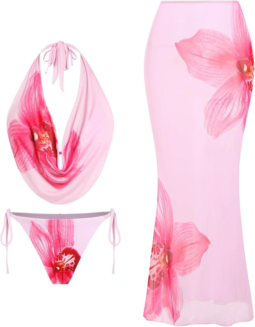 ZAFUL Women's 3 Piece Floral Swimsuit Draped Neck Halter Bikini Tie Side Bathing Suit with Sheer Cover Up Skirt (Medium, 0-pink)