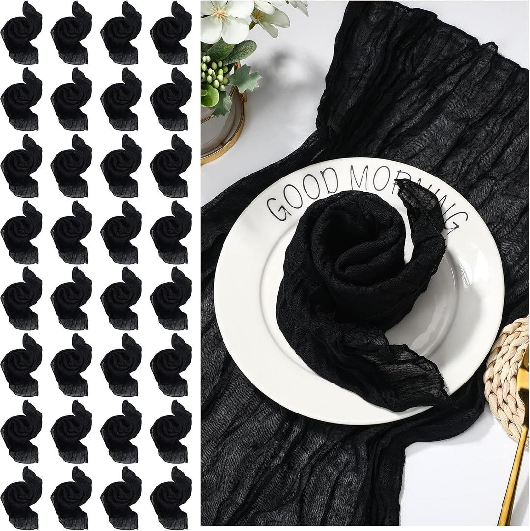 Mixweer 50 Pcs Cheesecloth Napkins 20 x 20 Inch Wrinkled Gauze Cotton Dinner Napkins Napkins Cheese Cloth Napkins Decorative Cloth Napkins Rustic Boho Table Napkins for Weddings Parties (Black)