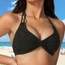 AJISAI Womens Halter Bikini Top Triangle V Neck Bathing Suit Top Low Impact Padded Sports Bra (Black, S)