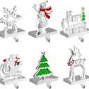 Ginbel Direct 6 Pack Christmas Stocking Holders for Mantle, Stockings Hangers Set of 6, Snowflake Snowman Tree Deer Reindeer Heavy Weighted Hooks for Mantel Fireplace Windows Indoor Decorations Silver