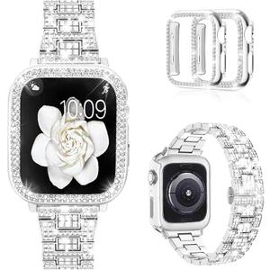 Mosonio Compatible with Apple Watch Band 38mm 40mm 41mm 42mm 44mm 45mm 46mm 49mm with 2 Pack Case Women, Jewelry Replacement Metal Bands Strap with Bling PC Protective Case for iWatch Ultra SE Series 11/10/9/8/7/6/5/4/3/2/1 (Sizes Vary By Mode)