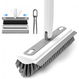 3 in 1 Floor Scrub Brush with Long Handle, Household Push Broom with V-Shaped Stiff Bristles, Detachable Head with Squeegee and Tweezer, Heavy Duty Scrubber Deck Brush for Bathroom Tile Patio Garage