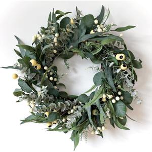 HomeKaren Wreaths for Front Door 22 Inch, All Season Greenery Wreath Olive Eucalyptus Leaves and White Mixed Berry for Indoor Outdoor Farmhouse Home Porch Wall Window Festival Wedding Decor