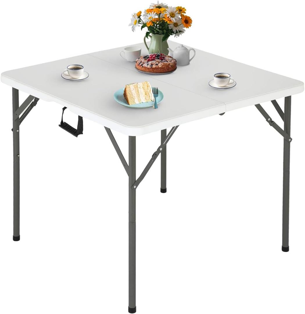 FDW 34" Folding Card Table Plastic Table Portable Square Height Dining Table Perfect for Party and Parties Backyard Events, White