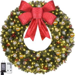 Christmas Wreath - 48inch Large Prelit Outdoor Christmas Wreath with Lights 200led, Bow, Pine Cones, Ornaments Balls - 512 PVC Branch Tips Artificial Xmas Wreath for Garages Walls Mantel (Frosted Christmas Green)