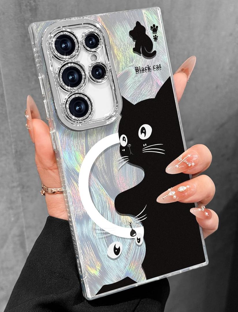 Toycamp for Samsung Galaxy S24 Ultra Case - Compatible with Magsafe Aesthetic Cute Holographic Galaxy S24 Ultra Case with Diamond Bling Lens Protector Cover for Women Girls, Black White Cat