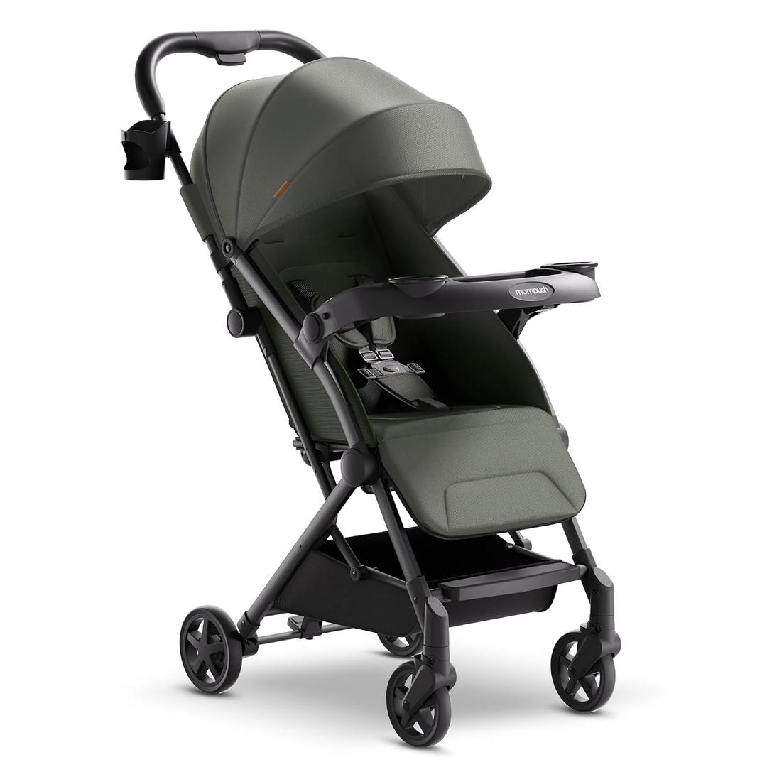 Mompush Lithe V2 Lightweight Travel Stroller, Compact Foldable Baby Stroller with Travel Bag, One-Hand Fold Stroller, Snack Tray, Mechanical Recline Seat, Airplane-Ready, UPF 50+ Canopy & Rain Cover