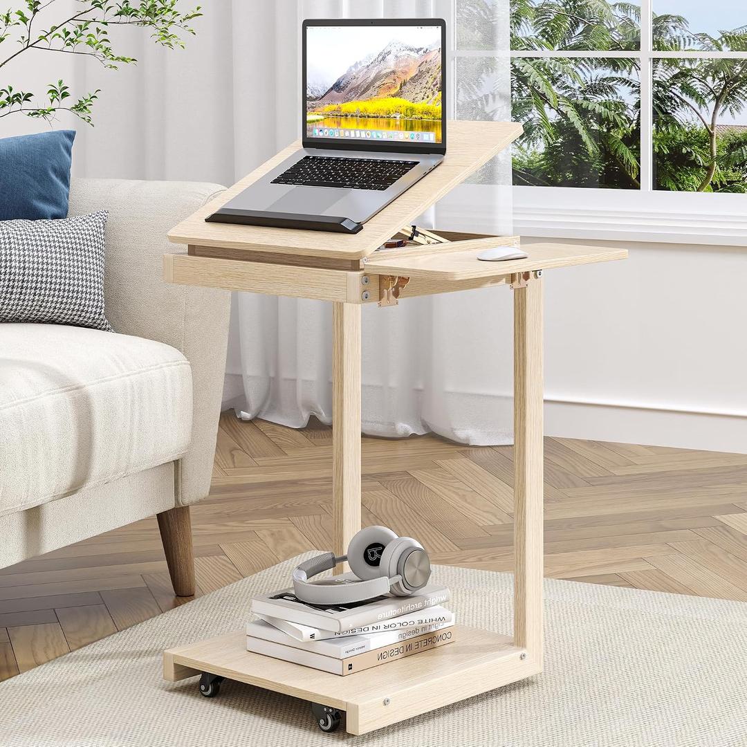 OtterOasis C Shaped End Table, Rolling Side Table with 4-Way Convertible Desktop, Wooden C Table with Multi-Functional Folding Tray, Side Table for Couch, Living Room, Bedroom, White Oak