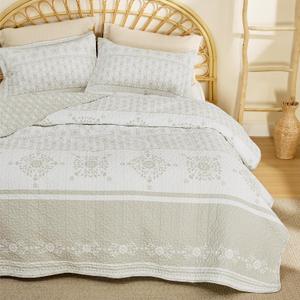 Bedsure Boho Quilt Set Queen - Reversible Bohemian Striped Pattern Quilt Bedding Set, 3 Pieces Lightweight Microfiber Bedspread, Linen Color Coverlet with 2 Pillow Shams for All Seasons (90"x96")