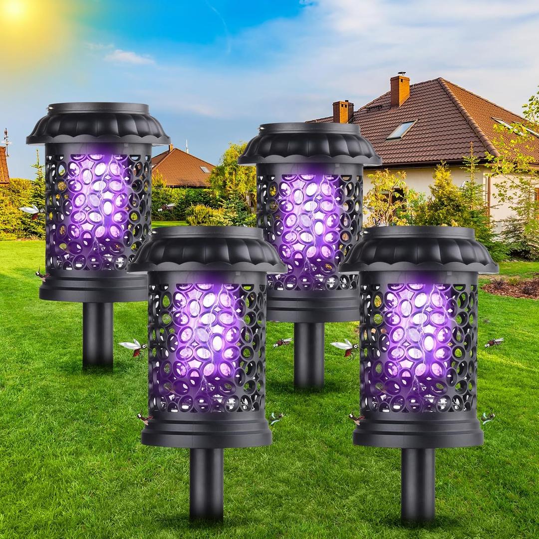 4 Pack 2025 Solar Bug Zapper Mosquito Repellent Outdoor Patio Mosquito Zapper Used to Kill Gnat Small Flying Insect,Mosquito Trap for Yard Garden Farm,Waterproof Bug Lights for Outside