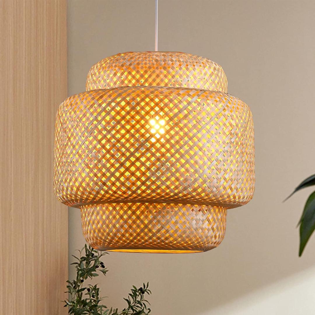 Bamboo Pendant Light - Boho Basket Chandelier Handmade Woven Pendant Light, Natural Wicker Rattan Hanging Chandelier for Kitchen Island Dining Room Living Room Porch, D 16", Large