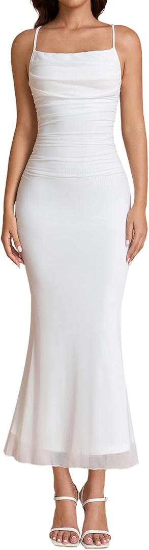 Women's Summer Floral Spaghetti Strap Maxi Dress Sleeveless Ruched Mesh Bodycon Long Wedding Guest Dresses (Medium)