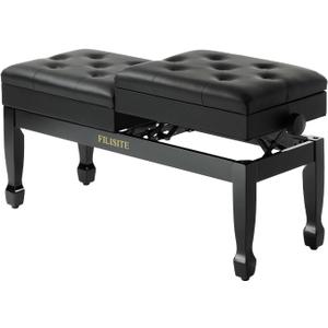 Adjustable Height Duet Piano Bench with Independent Seat and Storage, Heavy-Duty Wooden Leg Piano Stool with Waterproof Padded Cushion, Musician Stool for Piano, Keyboard, Black, 14.57 x 38.2 x 18.5 inches