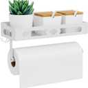 White Paper Towel Holder Wall Mount with Shelf - Adhesive Hand Towel Rack, Space-Saving for Bathroom, Kitchen, RV Camper