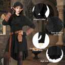 7PCS Renaissance Medieval Costume Women, Hooded Fairy Dress Lace Up Outfits with Vintage Arm Pouch Belt Faux Leather (Black, M)