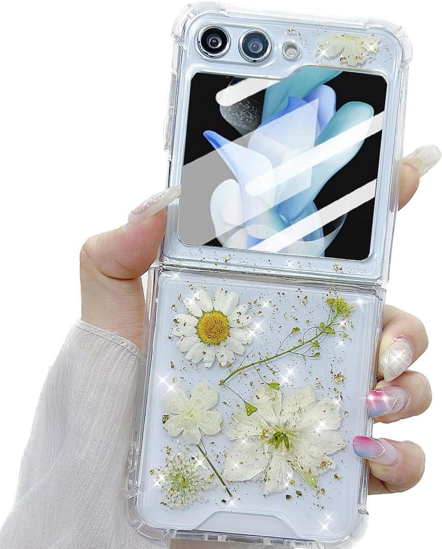 for Samsung Galaxy Z Flip 7 FE/Z Flip 6 Clear Glitter Floral Case,Cute Pressed Dried Real Flowers Design Bling Sparkly White Floral Women Girls Protective Case for Galaxy Z Flip 7 FE/6,Clear