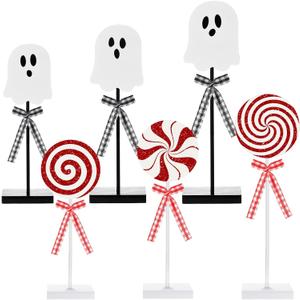 6 Pcs Halloween Christmas Pastel Ghost Candy Table Decorations Cute Wooden Block Ghost Signs with Bow Rustic Stand Table Centerpiece for Halloween Christmas Farmhouse Shelf Mantel Decor