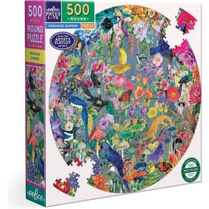 eeBoo Piece & Love: Paradise Garden - 500 Piece Puzzle - 23" Round Jigsaw, Vibrant Bird & Nature Collage Artwork, Eco-Friendly, Playlist, Adult & Kids