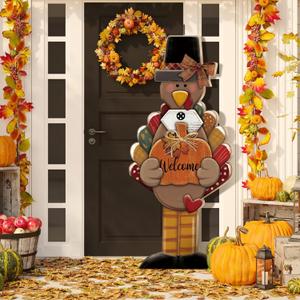 35 H Thanksgiving Turkey Porch Sign Thanksgiving Outdoor Decor Wooden Turkey Standing Porch Sign Vertical Farmhouse Pumpkin with Ribbon for Front Door Indoor Outdoor Yard Garden Decor