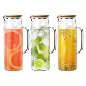 3 Sets Glass Pitcher with Lid, 50 oz / 1500 ml Water Carafe with Handles Hot Cold Beverage Water Jar Glass Jug (Bamboo lid)