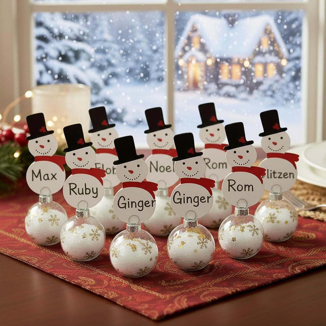 Jenaai 24 Pcs Christmas Ornament Place Card Holders 1.57" Snowflake Glass Ornament Balls Table Number Holder Snowman Name Cards Holiday Clips Sign for Table Setting Winter Xmas Party Decoration